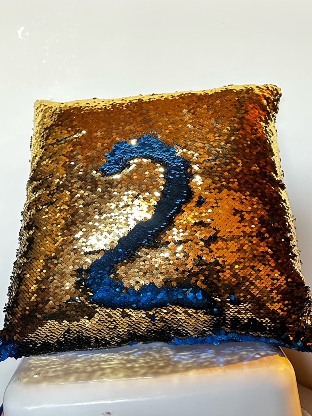 Decorative Gold and Blue Reversible Sequin Pillow